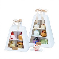 Scatola di Lusso Trapezoidale Monouso per Torte Nuziali, Portatile, Bianca, per 2 Livelli di Cupcake, con Finestra Trasparente e Goffratura
