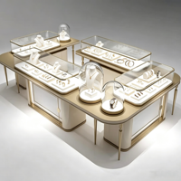 Ensemble de comptoirs d'exposition pour bijouterie de luxe, vitrine en verre avec dôme éclairé et cadre en métal doré pour articles haut de gamme