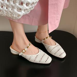 Zapatos retro con hebilla metálica y lazo, suela gruesa, estilo tejido, punta abierta, talón bajo para mujer - Product Image 5