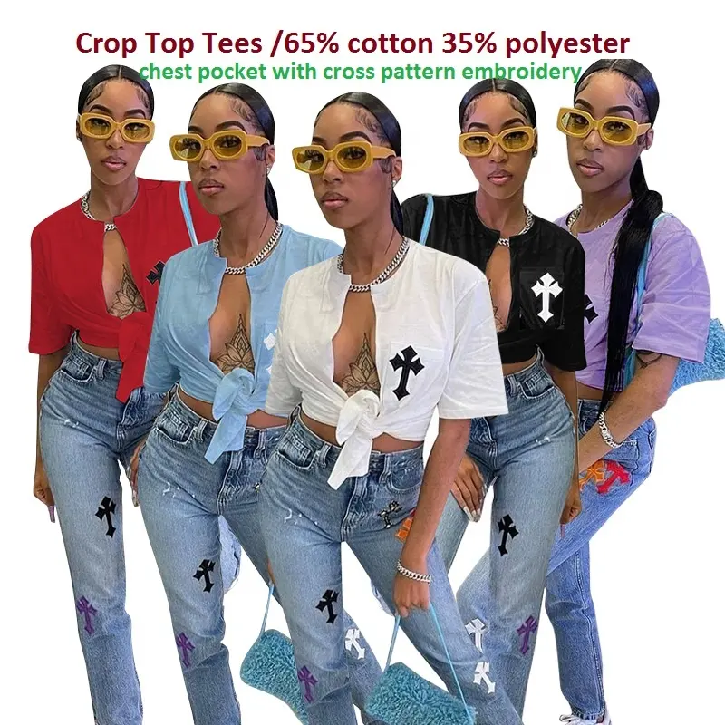 Women Crop Top Tshirt Cross Pattern Top Pocket T Shirt Women Tie Up Shirts Cut Out Streetwear Tops Women'S Short Sleeve T-Shirt