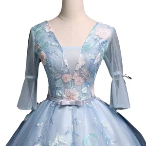 Light Blue V-neck Chiffon Ball Gown Dress With Floral Embroidery Empire Waistline For Evening Events - Product Image 5