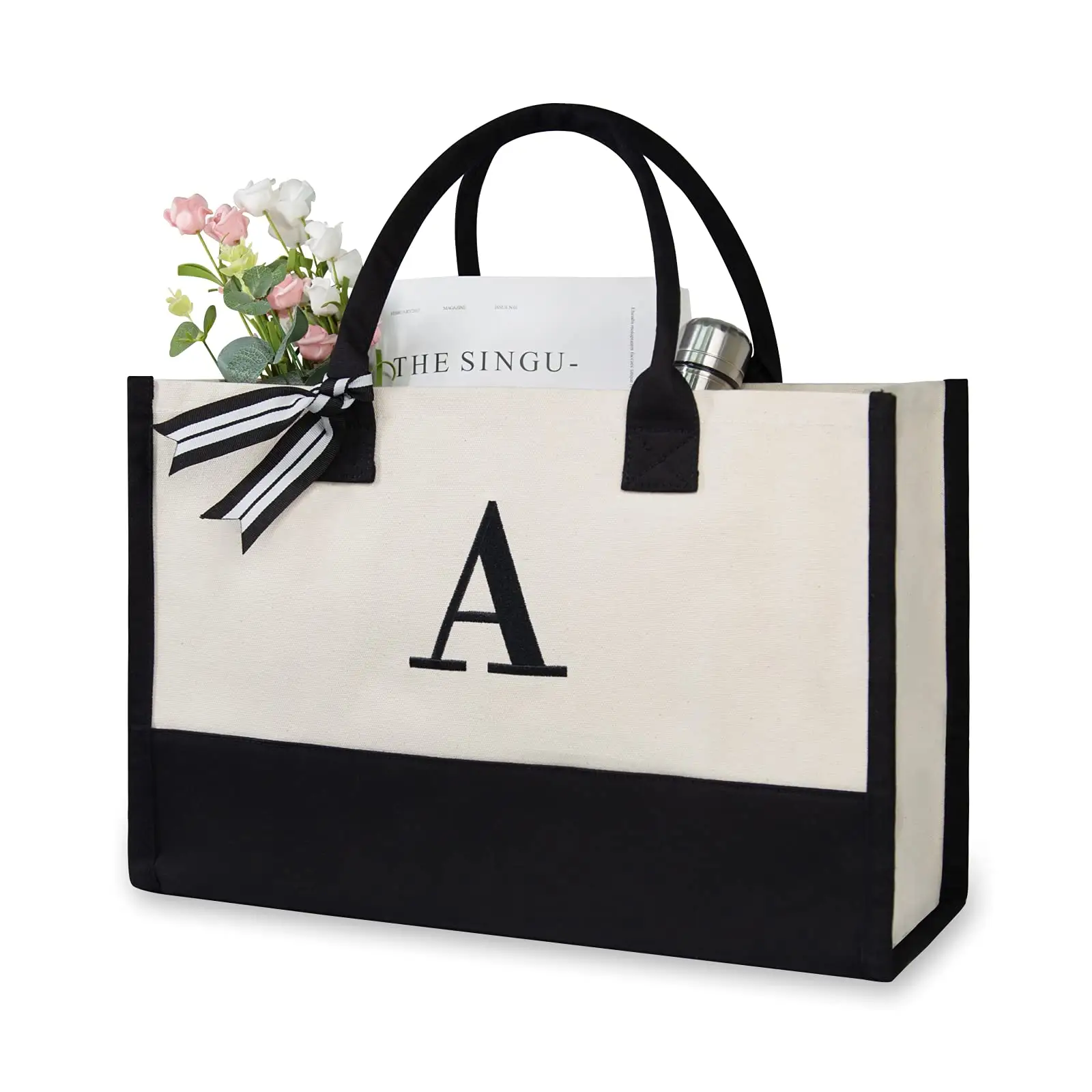 Personalized Initial Canvas Beach Bag Monogrammed Gift Canvas Cotton Shopping Tote Bag for Women