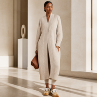 Cardigan long élégant beige pour femme, en maille côtelée verticale, ouvert sur le devant, pull ample et confortable pour l'hiver