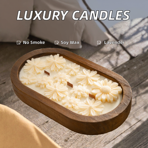 Bougie bateau décorative en bois 3 mèches bols à pâte ovales en bois Bougie plateau décoratif rustique - Product Image 3