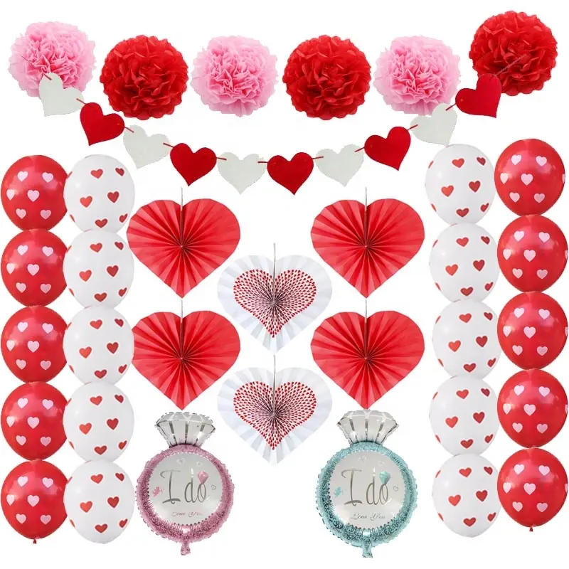 Trái Tim Màu Đỏ Cảm Thấy Vòng Hoa Biểu Ngữ Trái Tim Giấy Người Hâm Mộ Giấy Pompoms Ngày Valentine Đảng Trang Trí Kit Đối Với Kỷ Niệm Backdrop