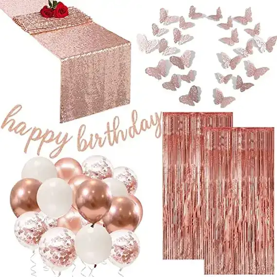 Decoracion Globos Cortina Rose Gold De Cumpleaños Fiestas Para Mujer Y Niña  Set