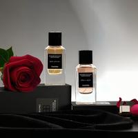Flacon de parfum en verre transparent de luxe personnalisé avec un design imprimé, 30 ml, 100 ml, 50 ml, carré, premium, vide, avec bouchon noir