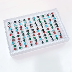 Vintage Silver Plated Gemstone Rings Round Turquoise Red Green Black Alloy Unisex Daily Wear <b>Gift</b> Jewelry - Product Image 5