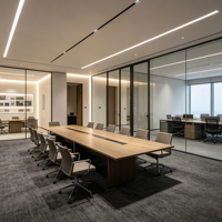 Aménagement intérieur de bureau : îlot central, zones de travail ouvertes, bureaux, salles privées, salles de réunion, mobilier commercial, plan d'aménagement