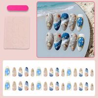 Kuku Palsu Gaya Laut Musim Panas Desain Cangkang Bintang Laut Warna-warni 3D Relief Embossed Rhinestone, Produk Laris untuk Perdagangan Luar Negeri