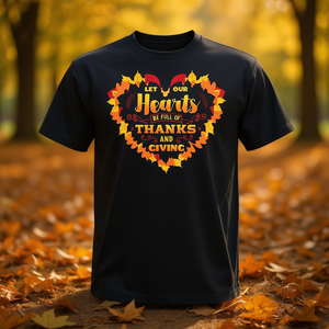 T-shirt de Thanksgiving avec motif de feuilles d'automne et de cœurs pleins de remerciements, noir - Product Image 3