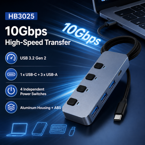 Hub USB 3.2 Gen 2 10 Gbps 4 <span class=keywords><strong>en</strong></span> 1 <span class=keywords><strong>en</strong></span> aluminium avec interrupteurs d'alimentation individuels, 1 port USB C et 3 ports USB A - Product Image 1