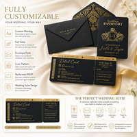 Suite d'invitations de mariage de luxe noire avec impression dorée, carte d'invitation style passeport et carte de détail RSVP