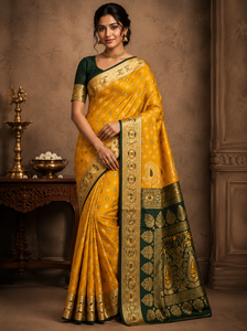 Fancy Stylish Soft <b>Yellow</b> Silk <b>Saree</b> with Peacock Embroidery Green Border Party Festive Wear Designer Ethnic Wear - Product Image 3