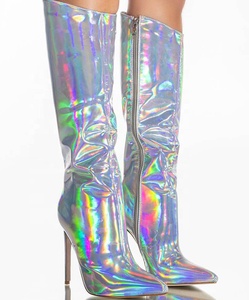 Holographic Upper Women Pointed Toe Knee High Booties Side Zip Thin Heels Metallic Wide Fit Large Size 45 <b>Boots</b> for Ladies - Product Image 6
