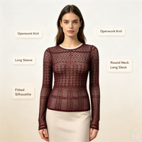 Pull en maille décontracté à manches longues Marla Custom Pointelle de haute qualité, couleur marron, OEM & ODM, pull de printemps