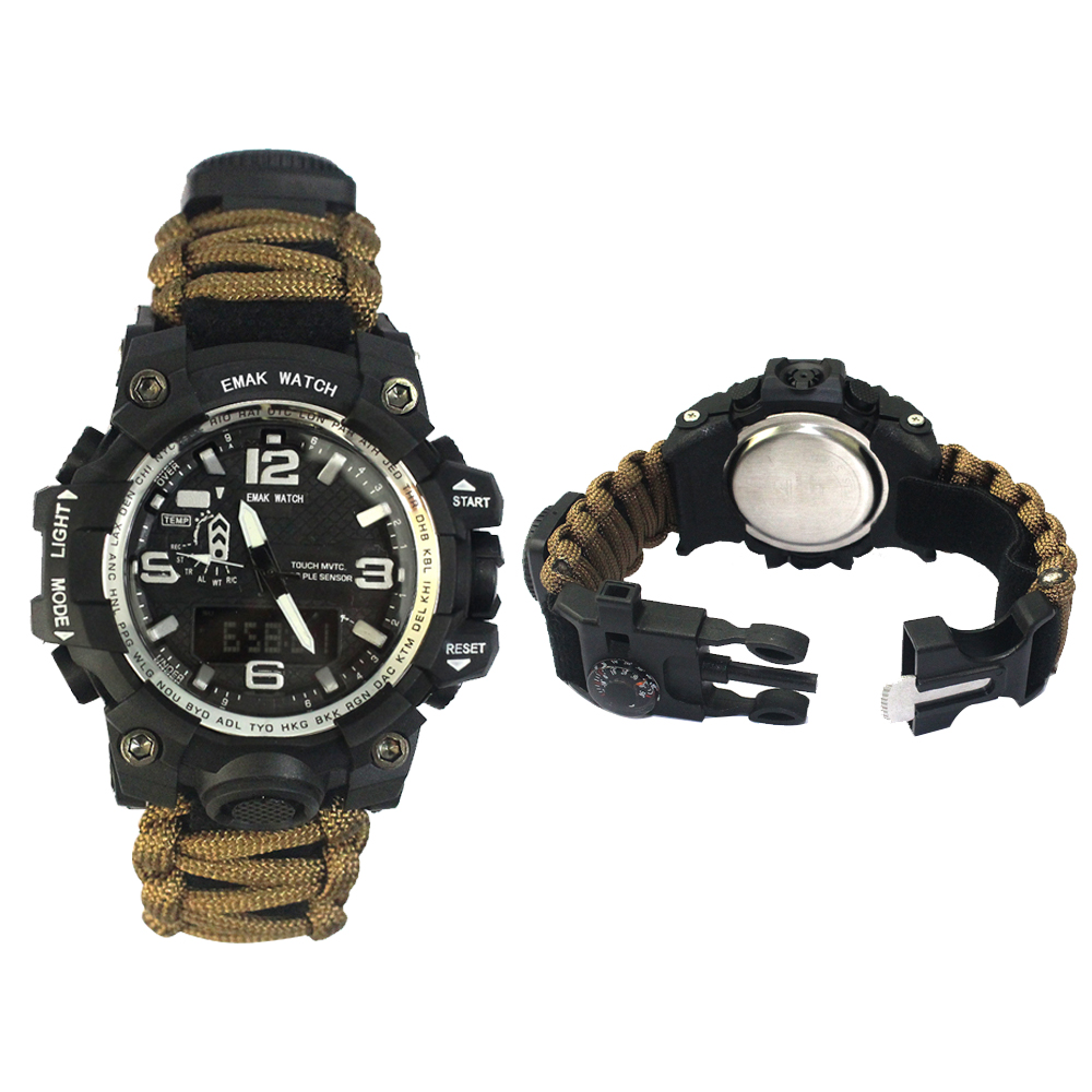 Оптовая Открытый Паракорд Выживание Часы Свисток ГРМ Компас Термометр Зажигание Будильник Часы Шестерня Плетеный