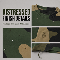 Maßgefertigter Herren Camo Distressed Oversized Boxy Sweatshirt mit Grafik-Print, Strass-Verzierung und Ausgefranstem Saum Streetwear Pullover Private Label