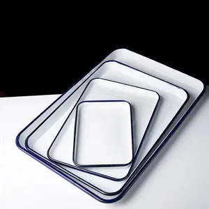 Wholesale Small Big White Rectangular Metal Dinner Plate Custom Logo Serving Laboratory Enamel Tableware Square Plate Tray