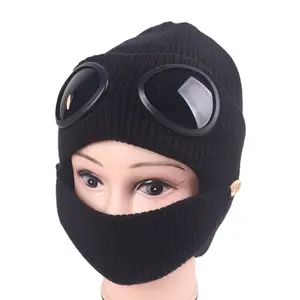 Fashion Winter Kids Beanie With Face Mask Knitted Hat Mask Set Men And Women Warm Ear Glasses Wool Cap Baby Faceshield Hat