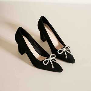 7188C-199 Suede Pumps Pointed Toe <b>Block</b> Heel With Bow Decoration <b>Rubber</b> Outsole Formal Comfort Shoes - Product Image 2