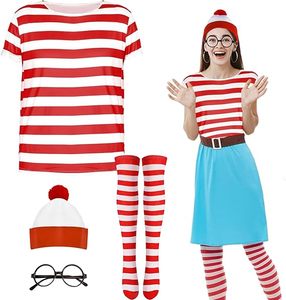 Costume à rayures ensemble classique déguisement Costume tenue T-shirt bonnet chapeau lunettes moustache pour femmes hommes Cosplay journée mondiale du livre - Product Image 3
