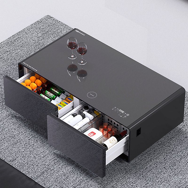 New arrival smart refrigerator coffee table fridge table with fridge blueteeth speakers usb chargers led touch screen