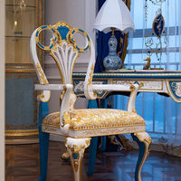 Bureau d'étude classique antique victorien en bois sculpté bleu et doré avec chaise de bureau victorienne, mobilier de bureau royal pour la maison