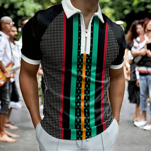 S-3XL for POLO Lapel Casual Summer Daily <b>T</b>-<b>Shirt</b> Regular Short Sleeve <b>Khaki</b> Striped Top with Zip Neck Woven Fabric Printed - Product Image 3