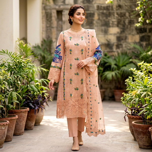 Salwar Kameez brodé de fleurs de pêche avec motif floral bleu, tenue ethnique indienne traditionnelle, robe ample pour femmes, longueur cheville - Product Image 1