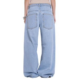 ジーンズカスタムメーカーデニムライトブルー色あせたウォッシュデニムカーゴ特大バギー高品質スタッズ付きジーンズ - Product Image 2