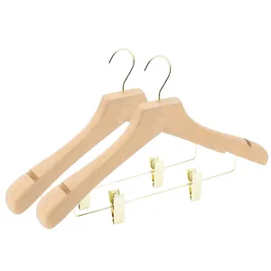 XUNZE Custom Logo Beech Wooden Suit Coat Hangers with Gold Clip Store for Pant Bag Bathroom Use