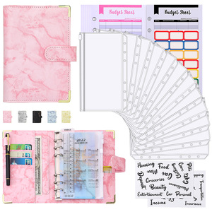 Carnet de notes A6 en cuir PU et marbre, classeur, planificateur, organisateur d'argent pour des économies, avec 12 poches à fermeture éclair, autocollants - Product Image 4