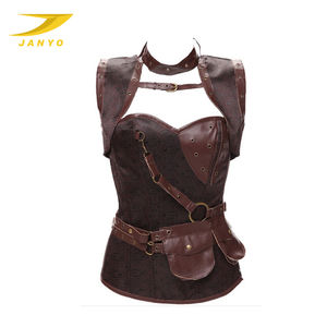Retro Women <strong>Clothing</strong> Brown <strong>Steam</strong> <strong>Punk</strong> Brocade Bustier Corset With Jacket and Detachable Pocket - Product Image 1