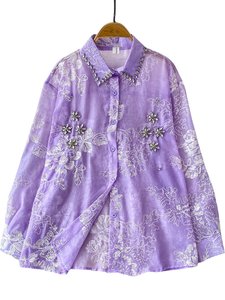 Camicia <span class=keywords><strong>in</strong></span> <span class=keywords><strong>Tulle</strong></span> con Ricami Elaborati, Protezione Solare, Maniche Lunghe, Moda Lussuosa per Donna, Primavera Estate - Product Image 5