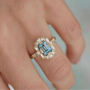 Anillo de Diamantes con Corte Esmeralda para Mujer, Anillo de Compromiso con Forma Geométrica, Verde Oliva, Azul Lago, Origen Yiwu CY1167 - Product Image 4