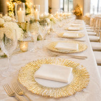 Assiette de présentation en verre transparent avec logo personnalisé OEM, incrustation dorée, 13 pouces, pour restaurant, bar, dîner, fête, mariage, cadeau