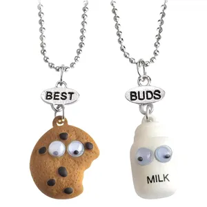 2 pieces / set Cute Cookies and Milk Cup Food Pendant Necklace Best Friends Men and Girls Couple Birthday Gift Jewelry