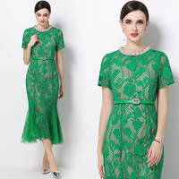 Elegante Vestido Midi de Mujer con Cuello de Cuentas, Manga Corta, Cinturón, Cintura Natural, Diseño Hueco y Encaje de Sirena para Primavera, Otoño y Verano