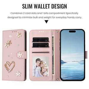 เคสโทรศัพท์หนังแบบฝาพับประดับพ<span class=keywords><strong>ล</strong></span>อยเทียมรูปหัวใจประดับมุกสำหรับ iPhone 17 Air 15 <span class=keywords><strong>PRO</strong></span> <span class=keywords><strong>MAX</strong></span> 16E 14 <span class=keywords><strong>13</strong></span> 12 PLUS ช่องเสียบบัตรปิดด้วยแม่เหล็ก - Product Image 2