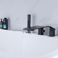 Robinet de baignoire noir mat à 3 trous avec bec cascade extra-large, levier carré, interrupteur douche/baignoire, barre de douche carrée