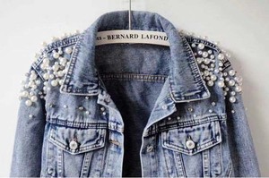 Veste en jean pour femme grande taille à manches longues, personnalisée avec impression, broderie, clous, rivets et grosses perles, tendance, pour mariage et randonnée - Product Image 4
