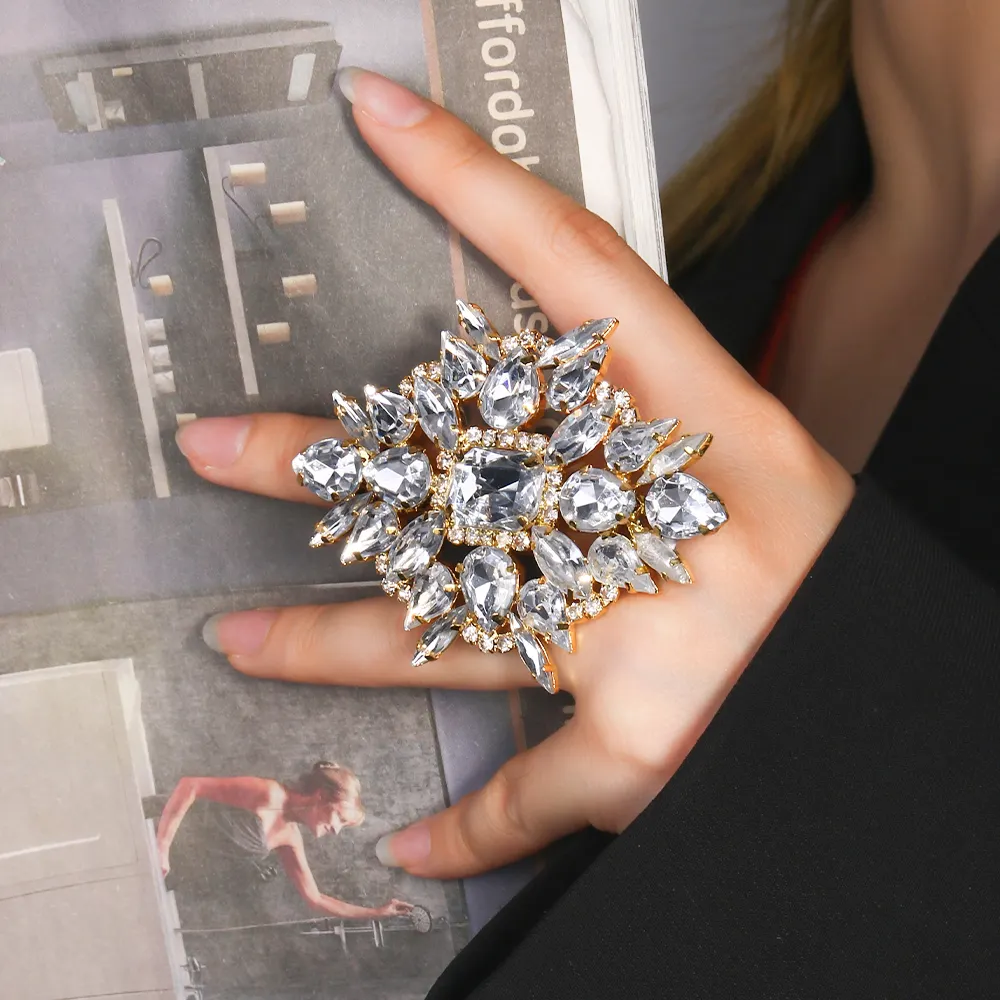 Anel de strass geométrico para mulheres, joia de flores da moda StoneFans, presente para meninas, anel de cristal grande, atacado
