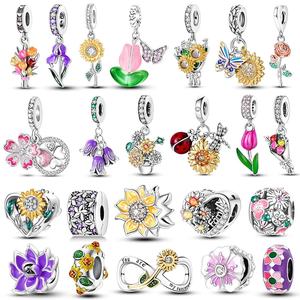 MULA 925 Sterling Silver Flower Series Charms Beads Zircon Tournesol Tulipe Pendentifs Fit Original Charm Bracelet - Product Image 1