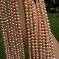 Chaîne de perles de culture d'eau douce Zhuji, qualité AA, forme presque ronde, 5-6 mm, couleur rose, perles semi-finies pour la fabrication de bijoux