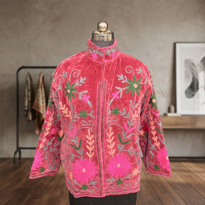 Designer Pink <b>Velvet</b> Embroidered <b>Jacket</b> Floral Kashmiri Style Winter Coat High Neck Boho Cardigan <b>Women</b> Outerwear Wear - Product Image 5