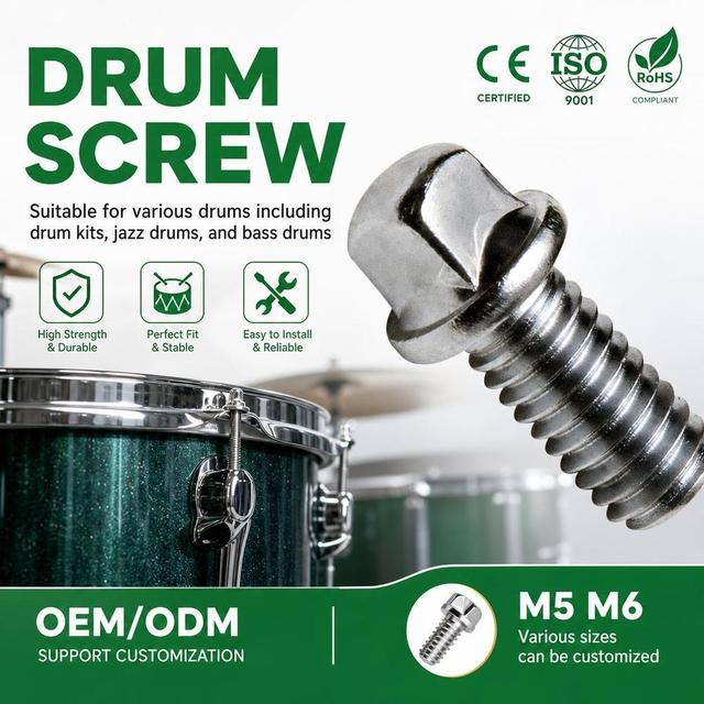 Factory Custom Drum Tension Rod M5 M6 Chrome Plated Stainless Steel Drum Screw for Snare Bass Tom Drum Hardware