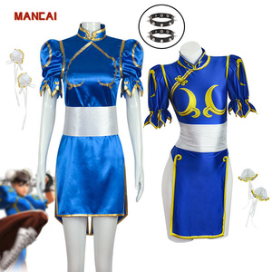 Anime azul Cheongsam vestido cinturón tocado con mujeres juegos <span class=keywords><strong>Chun</strong></span> <span class=keywords><strong>Li</strong></span> Cosplay disfraces Halloween fiesta Sutorito Faita Niñas Ropa - Product Image 1