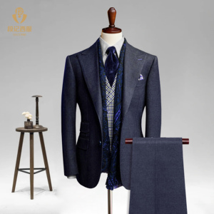 Costume sur mesure de qualité supérieure pour homme, coupe ajustée, mélange de laine bleu chiné, costume 3 pièces pour affaires - Product Image 1