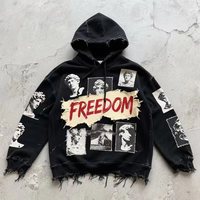 Hoodie Patchwork Custom dengan Ritsleting, Desain Berkualitas Tinggi dan Slim Fit, Motif Api Vintage, Efek Acid Wash untuk Kristen